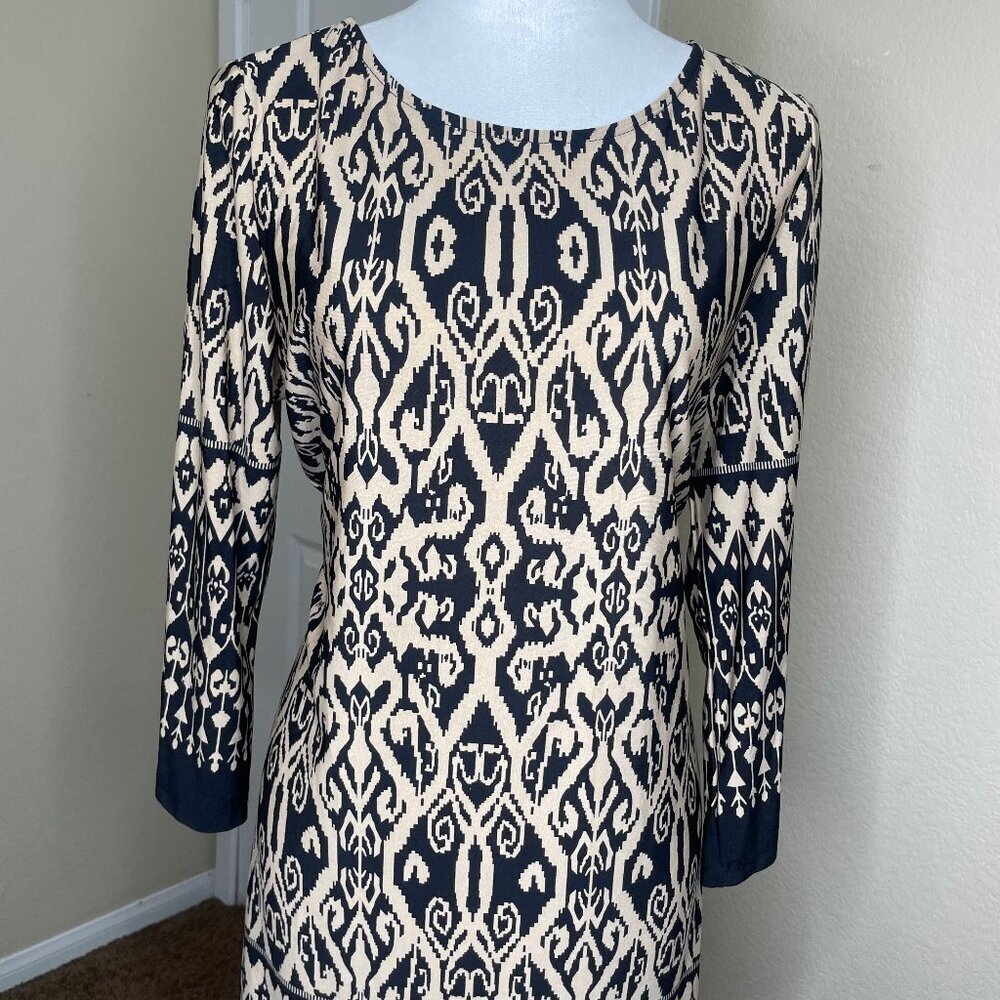 Women's Black Cream Abstract Pattern 3/4 Sleeve Pullover Dress Size Large - Picture 2 of 7